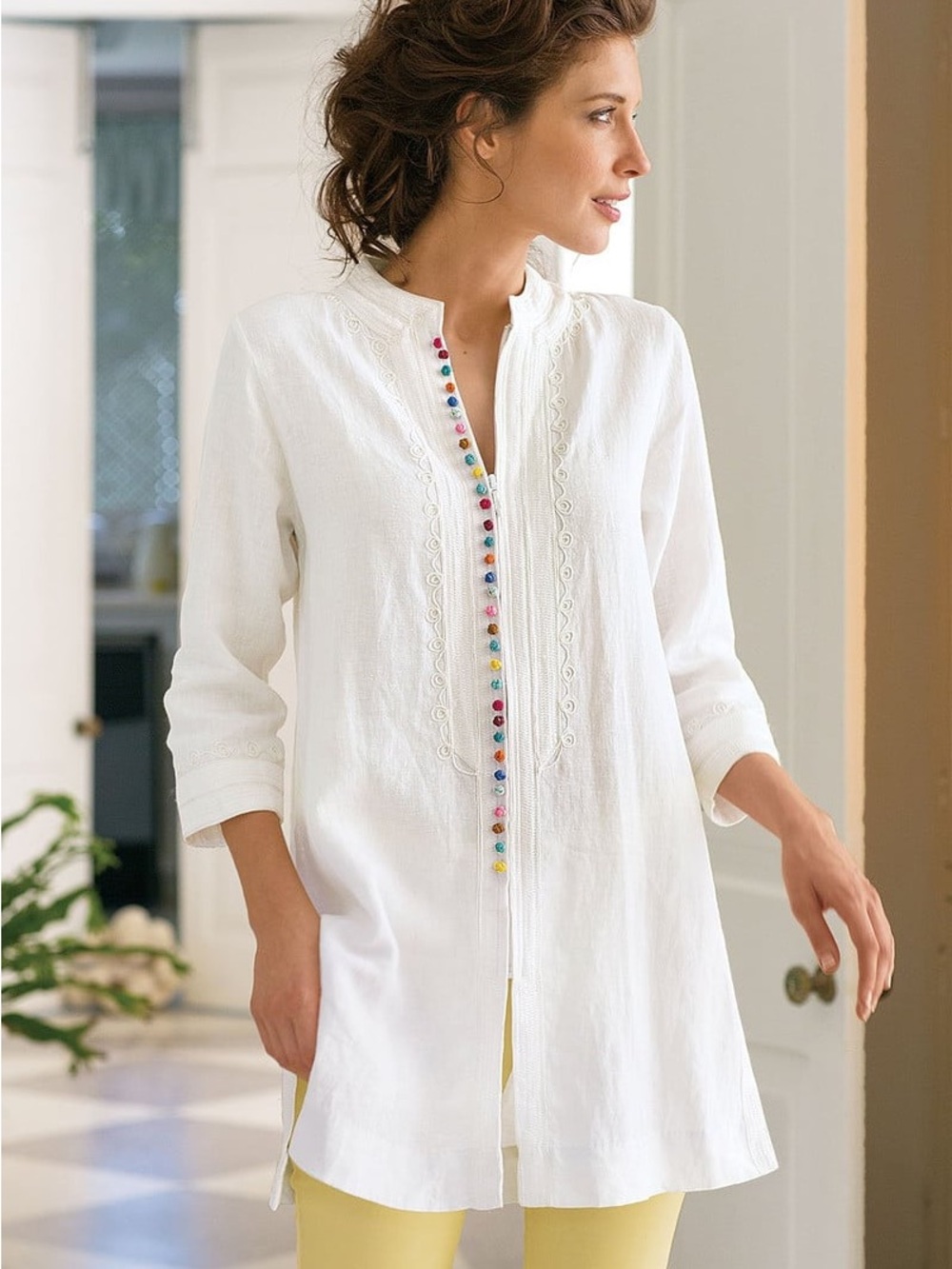 SOFT SURROUNDINGS Desert Linen Tunic Colorful Knot Zip Front Embroidered Large